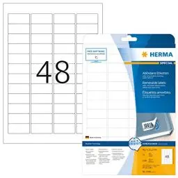 Produktbild: HERMA 4346 Universal Etiketten ablösbar, 25 Blatt, 45,7 x 21,2 mm, 48 pro A4 Bogen, 1200 Stück, selbstklebend, bedruckbar, matt, blanko Papier Klebeetiketten Aufkleber, weiß
