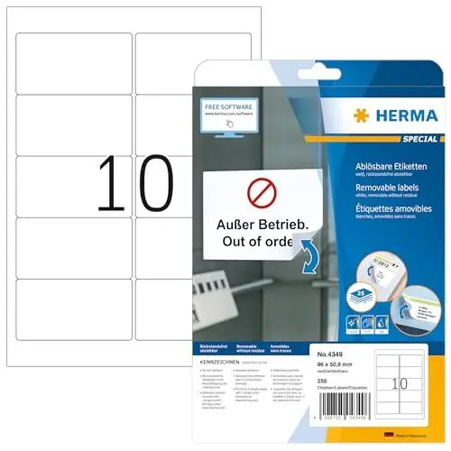 Produktbild: HERMA 4349 Universal Etiketten ablösbar, 25 Blatt, 96 x 50,8 mm, 10 pro A4 Bogen, 250 Stück, selbstklebend, bedruckbar, matt, blanko Papier Klebeetiketten Aufkleber, weiß