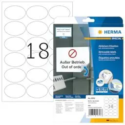 Produktbild: HERMA 4358 Universal Etiketten ablösbar, 25 Blatt, 63,5 x 42,3 mm, 18 pro A4 Bogen, 450 Stück, selbstklebend, bedruckbar, matt, blanko Papier Klebeetiketten Aufkleber, weiß