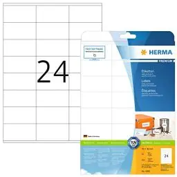 Produktbild: HERMA 4360 Adressetiketten, 25 Blatt, 70 x 36 mm, 24 pro A4 Bogen, 600 Stück, selbstklebend, bedruckbar, matt, blanko Papier Adressaufkleber Etiketten, weiß