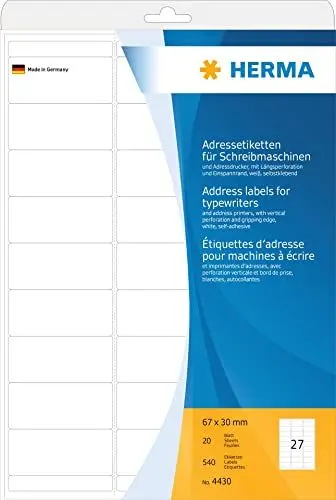 Produktbild: HERMA 4430 Adressetiketten für Schreibmaschinen, 20 Blatt, 67 x 30 mm, 27 pro A4 Bogen, 540 Stück, selbstklebend, bedruckbar, matt, blanko Papier Klebeetiketten Adressaufkleber Etiketten, weiß