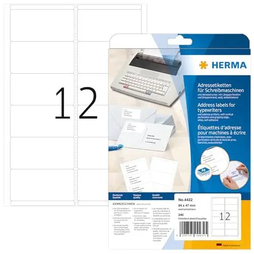 Produktbild: HERMA 4432 Adressetiketten für Schreibmaschinen, 20 Blatt, 94 x 47 mm, 12 pro A4 Bogen, 240 Stück, selbstklebend, bedruckbar, matt, blanko Papier Klebeetiketten Adressaufkleber Etiketten, weiß