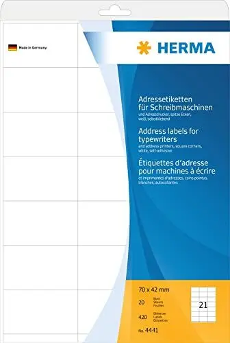 Produktbild: HERMA 4441 Adressetiketten für Schreibmaschinen, 20 Blatt, 70 x 42 mm, 21 pro A4 Bogen, 420 Stück, selbstklebend, bedruckbar, matt, blanko Papier Klebeetiketten Adressaufkleber Etiketten, weiß