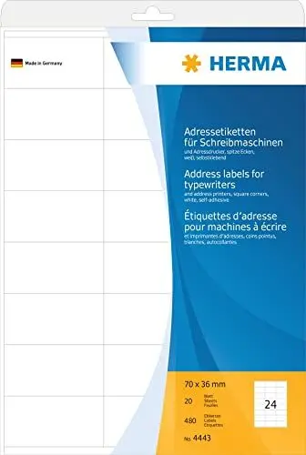 Produktbild: HERMA 4443 Adressetiketten für Schreibmaschinen, 20 Blatt, 70 x 36 mm, 24 pro A4 Bogen, 480 Stück, selbstklebend, bedruckbar, matt, blanko Papier Klebeetiketten Adressaufkleber Etiketten, weiß