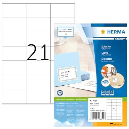 Produktbild: HERMA 4451 Adressetiketten, 100 Blatt, 70 x 42 mm, 21 pro A4 Bogen, 2100 Stück, selbstklebend, bedruckbar, matt, blanko Papier Adressaufkleber Etiketten, weiß