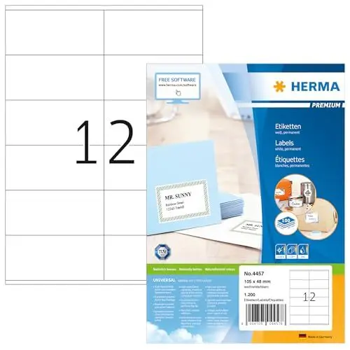 Produktbild: HERMA 4457 Universal Etiketten, 100 Blatt, 105 x 48 mm, 12 pro A4 Bogen, 1200 Stück, selbstklebend, bedruckbar, matt, blanko Papier Klebeetiketten Aufkleber, weiß