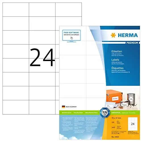 Produktbild: HERMA 4464 Adressetiketten, 100 Blatt, 70 x 37 mm, 24 pro A4 Bogen, 2400 Stück, selbstklebend, bedruckbar, matt, blanko Papier Adressaufkleber Etiketten, weiß