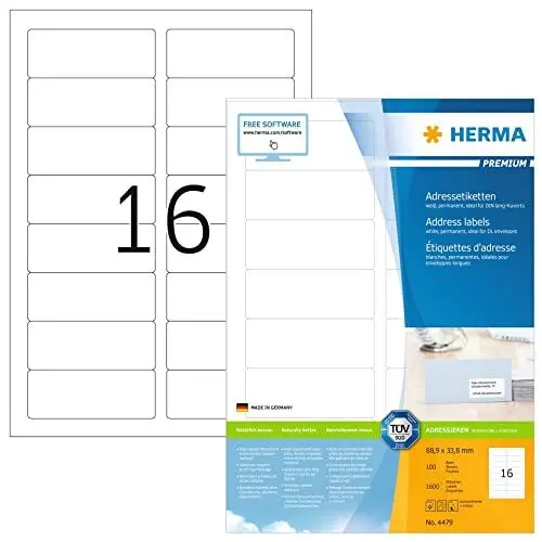 Produktbild: HERMA 4479 Adressetiketten, 100 Blatt, 88,9 x 33,8 mm, 16 pro A4 Bogen, 1600 Stück, selbstklebend, bedruckbar, matt, blanko Papier Adressaufkleber Etiketten, weiß