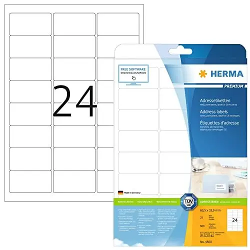 Produktbild: HERMA 4500 Adressetiketten, 25 Blatt, 63,5 x 33,9 mm, 24 pro A4 Bogen, 600 Stück, selbstklebend, bedruckbar, matt, blanko Papier Adressaufkleber Etiketten, weiß