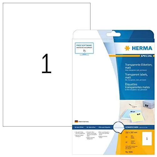 Produktbild: HERMA 4585 Wetterfeste Folienetiketten transparent, 10 Blatt, 210 x 297 mm, 1 pro A4 Bogen, 10 Stück, selbstklebend, bedruckbar, matt, blanko Klebeetiketten Aufkleber aus Folie, durchsichtig