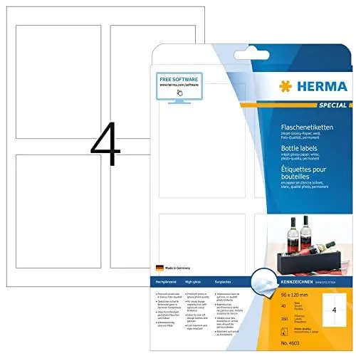 Produktbild: HERMA 4603 Flaschenetiketten, 40 Blatt, 90 x 120 mm, 4 pro A4 Bogen, 160 Stück, selbstklebend, bedruckbar, glänzend, blanko Flaschenaufkleber Etiketten aus hochwertigem Papier, weiß