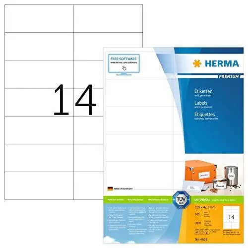Produktbild: HERMA 4625 Universal Etiketten, 200 Blatt, 105 x 42,3 mm, 14 pro A4 Bogen, 2800 Stück, selbstklebend, bedruckbar, matt, blanko Papier Klebeetiketten Aufkleber, weiß
