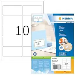 Produktbild: HERMA 4667 Universal Etiketten, 100 Blatt, 96 x 50,8 mm, 10 pro A4 Bogen, 1000 Stück, selbstklebend, bedruckbar, matt, blanko Papier Klebeetiketten Aufkleber, weiß
