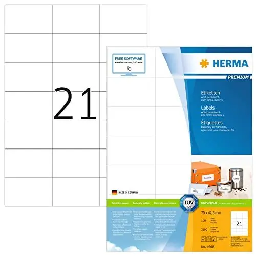 Produktbild: HERMA 4668 Adressetiketten, 100 Blatt, 70 x 42,3 mm, 21 pro A4 Bogen, 2100 Stück, selbstklebend, bedruckbar, matt, blanko Papier Adressaufkleber Etiketten, weiß
