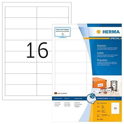 Produktbild: HERMA 4815 Adressetiketten für Inkjet Drucker, 100 Blatt, 97 x 33,8 mm, 16 pro A4 Bogen, 1600 Stück, selbstklebend, bedruckbar, matt, blanko Adressaufkleber Etiketten für Tintenstrahldrucker, weiß