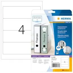 Produktbild: HERMA 4826 Ordnerrücken Etiketten kurz breit, 25 Blatt, 192 x 61 mm, 4 pro A4 Bogen, 100 Stück, selbstklebend, bedruckbar, blickdicht Inkjet Ordneretiketten Rückenschilder Spezialpapier Aufkleber weiß