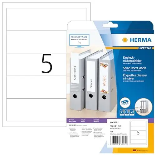 Produktbild: HERMA 5032 Einsteckrückenschilder für Ordner perforiert kurz breit, 25 Blatt, 190 x 54 mm, 5 pro A4 Bogen, 125 Stück, bedruckbar, matt, blanko Karton Einsteckschilder Rückenschilder, weiß