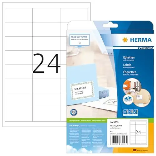 Produktbild: HERMA 5053 Adressetiketten, 800 Blatt, 66 x 33,8 mm, 24 pro A4 Bogen, 19200 Stück, selbstklebend, bedruckbar, matt, blanko Papier Adressaufkleber Etiketten, weiß