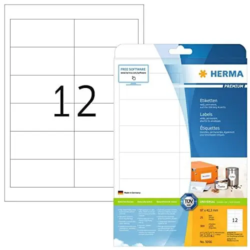 Produktbild: HERMA 5056 Universal Etiketten, 25 Blatt, 97 x 42,3 mm, 12 pro A4 Bogen, 300 Stück, selbstklebend, bedruckbar, matt, blanko Papier Klebeetiketten Aufkleber, weiß