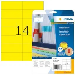 Produktbild: HERMA 5058 Farbige Etiketten gelb ablösbar, 20 Blatt, 105 x 42,3 mm, 14 pro A4 Bogen, 280 Stück, selbstklebend, bedruckbar, matt, blanko Papier Farbetiketten Aufkleber