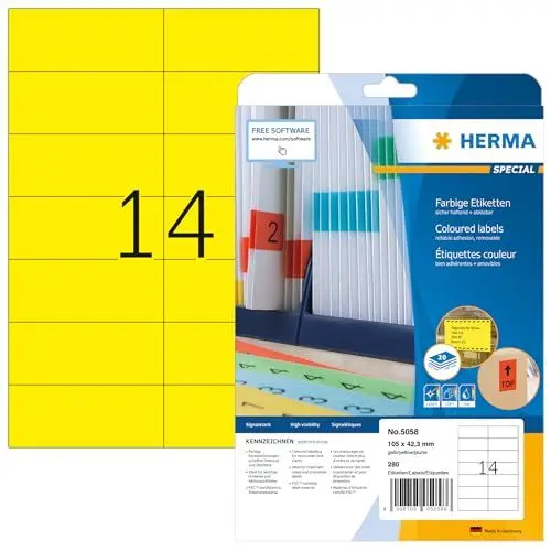 Produktbild: HERMA 5058 Farbige Etiketten gelb ablösbar, 20 Blatt, 105 x 42,3 mm, 14 pro A4 Bogen, 280 Stück, selbstklebend, bedruckbar, matt, blanko Papier Farbetiketten Aufkleber