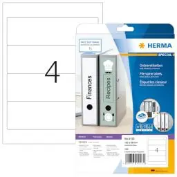 Produktbild: HERMA 5123 Ordnerrücken Etiketten kurz breit, 25 Blatt, 192 x 59 mm, 4 pro A4 Bogen, 100 Stück, selbstklebend, bedruckbar, blickdicht, blanko Papier Ordneretiketten Rückenschilder Aufkleber, weiß