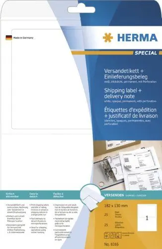 Produktbild: HERMA 8316 Versandetiketten mit Einlieferungsbeleg blickdicht, 25 Blatt, 182 x 130 mm, 1 pro A4 Bogen, 25 Stück, selbstklebend, bedruckbar, matt, blanko Papier Adressetiketten Aufkleber, weiß