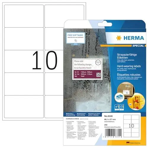 Produktbild: HERMA 8330 Wetterfeste Versandetiketten, 25 Blatt, 99,1 x 57 mm, 10 pro A4 Bogen, 250 Stück, selbstklebend, bedruckbar, matt, blanko Adressetiketten Aufkleber aus Folie, weiß
