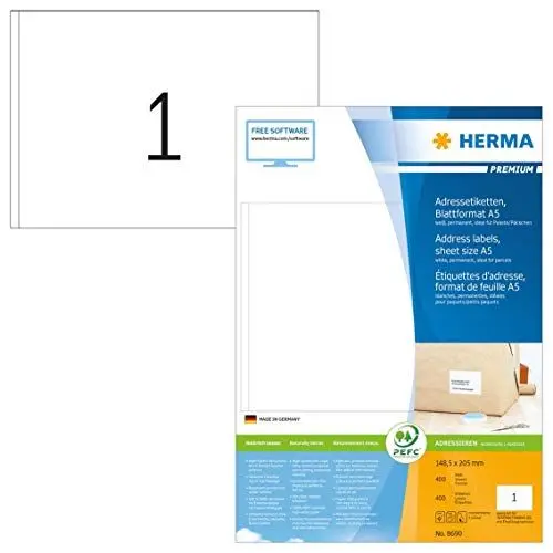 Produktbild: HERMA 8690 Universal Etiketten, 400 Blatt, 148,5 x 205 mm, 1 pro A5 Bogen, 400 Stück, selbstklebend, bedruckbar, matt, blanko Papier Klebeetiketten Aufkleber, weiß