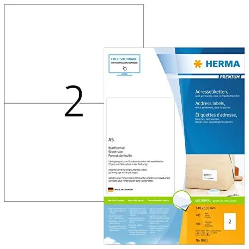 Produktbild: HERMA 8691 Versandetiketten, 400 Blatt, 148 x 105 mm, 2 pro A5 Bogen, 800 Stück, selbstklebend, bedruckbar, matt, blanko Papier Adressetiketten Aufkleber, weiß