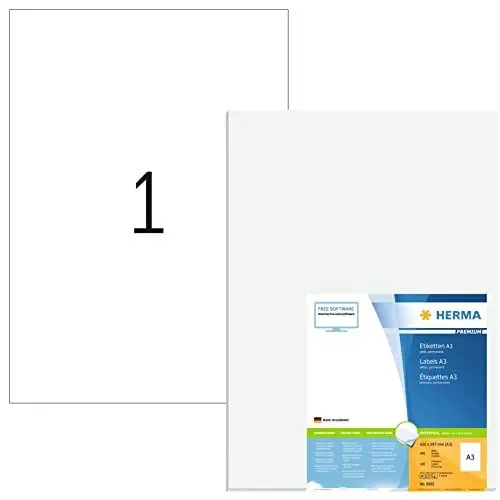 Produktbild: HERMA 8692 Universal Etiketten, 100 Blatt, 297 x 420 mm, 1 pro A3 Bogen, 100 Stück, selbstklebend, bedruckbar, matt, blanko Papier Klebeetiketten Aufkleber, weiß
