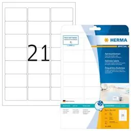 Produktbild: HERMA 8838 Adressetiketten für Inkjet Drucker, 25 Blatt, 63,5 x 38,1 mm, 21 pro A4 Bogen, 525 Stück, selbstklebend, bedruckbar, matt, blanko Adressaufkleber Etiketten für Tintenstrahldrucker, weiß