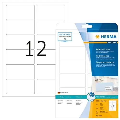 Produktbild: HERMA 8842 Adressetiketten für Inkjet Drucker, 25 Blatt, 88,9 x 46,6 mm, 12 pro A4 Bogen, 300 Stück, selbstklebend, bedruckbar, matt, blanko Adressaufkleber Etiketten für Tintenstrahldrucker, weiß