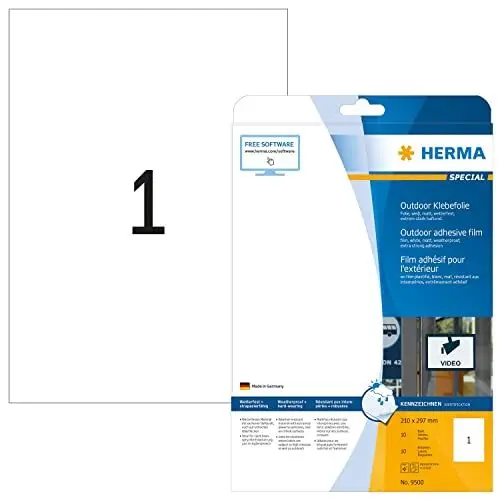 Produktbild: HERMA 9500 Wetterfeste Folienetiketten, 10 Blatt, 210 x 297 mm, 1 pro A4 Bogen, 10 Stück, selbstklebend, bedruckbar, matt, blanko Outdoor Klebeetiketten Aufkleber aus Polyethylen, weiß