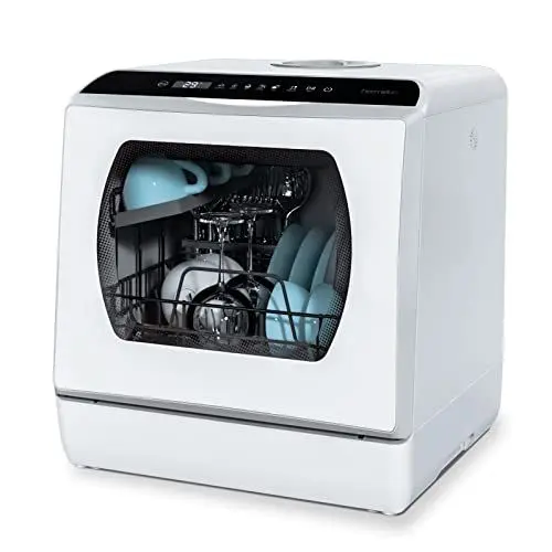 Produktbild: Hermitlux Mini Geschirrspüler, Spülmaschine für 4 Bestecksätze, 5 Liter Wassertank, 6 Programme Mini Tischgeschirrspüler, Perfekt für Wohnungen, Schlafsäle, Camping, Weiß