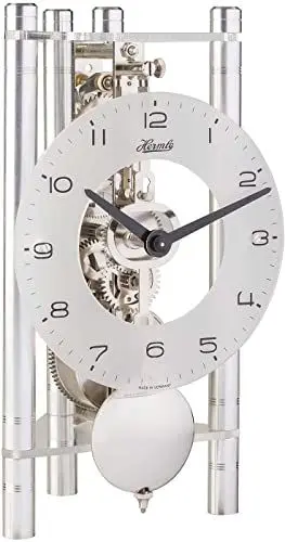 Produktbild: Hermle Skelett-Tischuhr mit eloxierten Aluminiumsäulen - Dreieck 23025-X40721, arabisches Zifferblatt Glas, Silber, Werk vernickelt, 19,5cm x 11cm x 9cm