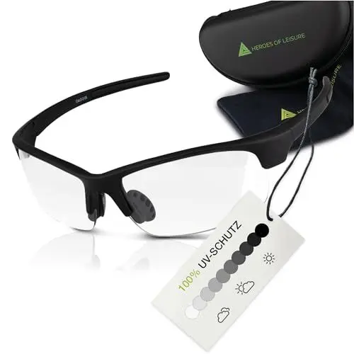Produktbild: HEROES OF LEISURE® Selbsttönende Fahrradbrille für Herren - Windschutz Sport Sonnenbrille mit UV400-Schutz - Photochromatische Sportbrille (Radbrille) für Rennrad, MTB oder als Laufbrille