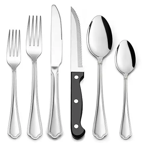 Produktbild: Herogo Besteck Set für 6 Personen, 36-teiliges Edelstahl Besteckset mit Steakmessern, Poliert Essbesteck Set mit Gabel Messer Löffel für Home Restaurant, Spülmaschinenfest (Modern)