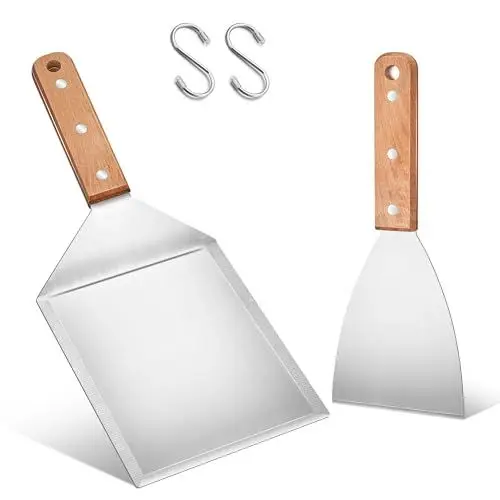 Produktbild: Herogo Grillspachtel Set, 2 Stück Edelstahl Plancha Spachtels und Groß Grillwender für Smash Burger, Teppanyaki, BBQ Zubehör, Grill Geschenke für Männer, Spülmaschinenfest - Holzgriff