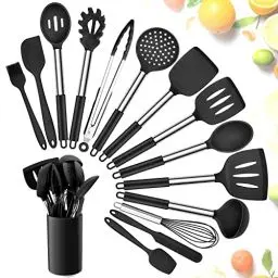 Produktbild: Herogo Küchenhelfer Set, 15 teiliges Silikon Kochgeschirr Küchenutensilien Set mit Utensilienhalter, Antihaft & Hitzebeständiger Küchenset mit Edelstahlgriff, Schneebesen Pfannenwender Löffel, Schwarz