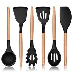 Produktbild: Herogo Küchenhelfer Set, 6 Stück Silikon Kochutensilien Kochbesteck Set, Hitzebeständiger Kochgeschirr Küchenutensilien Set mit Holzgriff, Antihaft & Gesund, Leicht zu reinigen – Schwarz