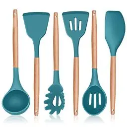 Produktbild: Herogo Küchenhelfer Set, 6 Stück Silikon Kochutensilien Kochbesteck Set, Hitzebeständiger Kochgeschirr Küchenutensilien Set mit Holzgriff, Antihaft & Gesund, Leicht zu reinigen – Blau