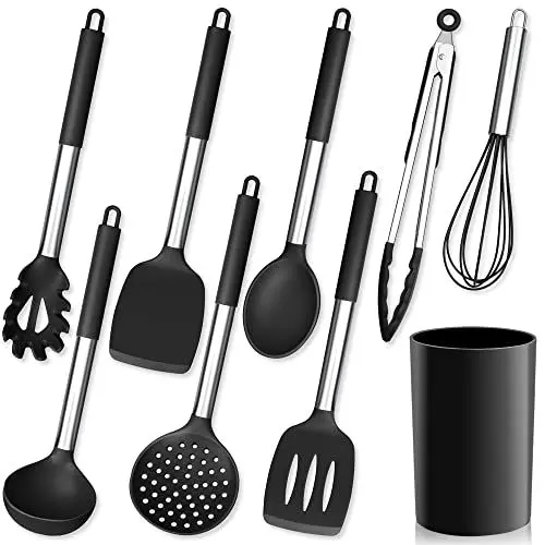 Produktbild: Herogo Küchenhelfer Set, 9 Stück Silikon Kochutensilien Kochbesteck Set mit Utensilienhalter, Schwarz Küchenutensilien Pfannenwender Set mit Edelstahlgriff, Hitzebeständiger & Antihaft