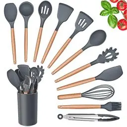 Produktbild: Herogo Küchenutensilien Set, 12 Stück Silikon Küchenhelfer Kochbesteck Set mit Halter, Hitzebeständig Kochgeschirr Set mit Holzgriff, Antihaft Pfannenwender Set – Grau