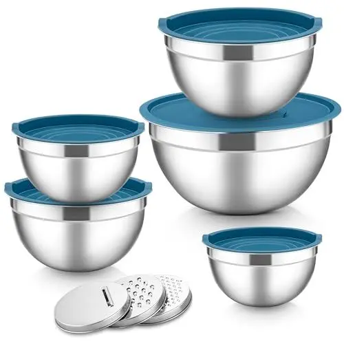 Produktbild: Herogo Rührschüssel 5er Set Blau, Edelstahl Schüssel mit luftdichten Deckeln, Metall Salatschüssel mit 3 Reibenaufsätzen zum Zubereiten/Backen/Servieren/Aufbewahren/Mixen, Spülmaschinenfest