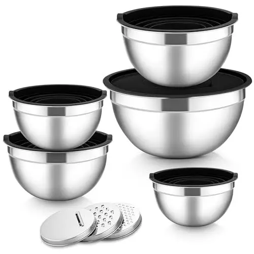 Produktbild: Herogo Rührschüssel 5er Set Schwarz, Edelstahl Schüssel mit luftdichten Deckeln, Metall Salatschüssel mit 3 Reibenaufsätzen zum Zubereiten/Backen/Servieren/Aufbewahren/Mixen, Spülmaschinenfest