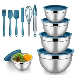 Produktbild: Herogo Schüssel mit Deckel, Edelstahl Salatschüssel Set 5er Set, Größe 4,5L/2,7L/1,5L/1,2L/0,7L, Stapelbar Rührschüssel für Küche Mischen und Servieren, Beinhalten Backen Zubehör, Spülmaschinenfest