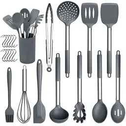 Produktbild: Herogo Silikon Küchenhelfer Set, 22-teiliges Kochutensilien Kochbesteck Set with Utensilienhalter, Hitzebeständiger Küchenutensilien mit Edelstahlgriff, Antihaft & Gesund, Grau