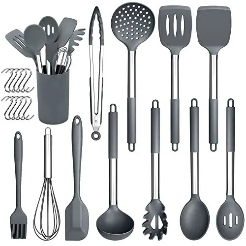 Produktbild: Herogo Silikon Küchenhelfer Set, 22-teiliges Kochutensilien Kochbesteck Set with Utensilienhalter, Hitzebeständiger Küchenutensilien mit Edelstahlgriff, Antihaft & Gesund, Grau