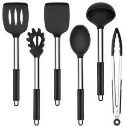 Produktbild: Herogo Silikon Küchenhelfer Set, 6 Stück Kochutensilien Kochbesteck Set mit Edelstahlgriff, Hitzebeständiger & Antihaft, Silikon Küchenutensilien Wender Zange Pfannenwender Set – Schwarz